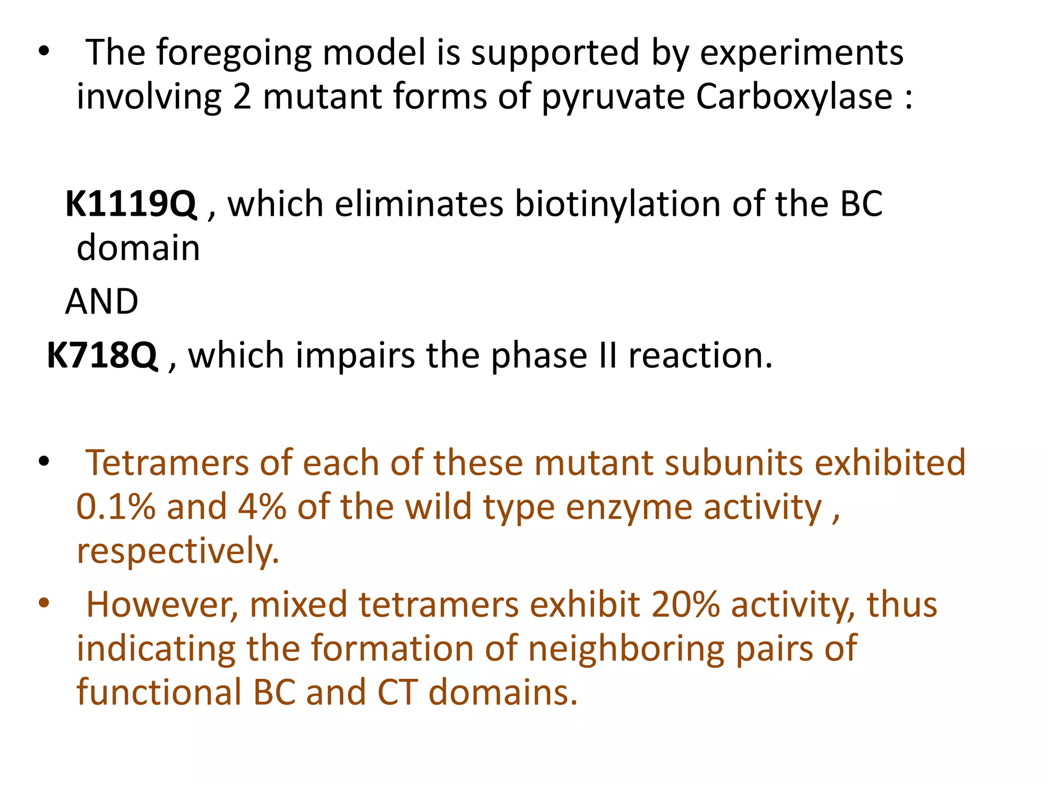 • The foregoing model is supported by experiments
involving 2 mutant forms of pyruvate Carboxylase :
K1119Q , which eliminates biotinylation of the BC
domain
AND
K718Q , which impairs the phase II reaction.
• Tetramers of each of these mutant subunits exhibited
0.1% and 4% of the wild type enzyme activity ,
respectively.
• However, mixed tetramers exhibit 20% activity, thus
indicating the formation of neighboring pairs of
functional BC and CT domains.
 