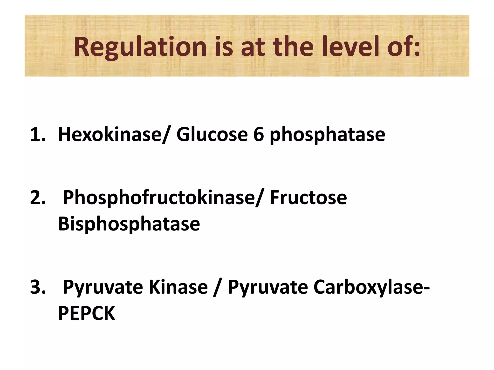 Regulation is at the level of:
1. Hexokinase/ Glucose 6 phosphatase
2. Phosphofructokinase/ Fructose
Bisphosphatase
3. Pyruvate Kinase / Pyruvate Carboxylase-
PEPCK
 