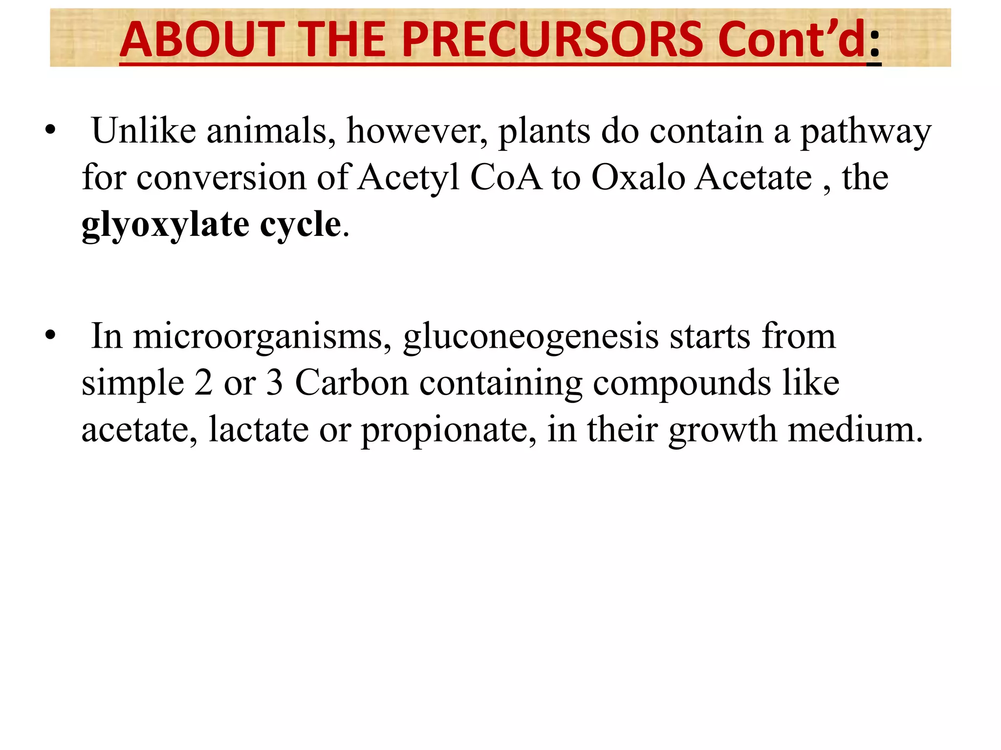 • Unlike animals, however, plants do contain a pathway
for conversion of Acetyl CoA to Oxalo Acetate , the
glyoxylate cycle.
• In microorganisms, gluconeogenesis starts from
simple 2 or 3 Carbon containing compounds like
acetate, lactate or propionate, in their growth medium.
ABOUT THE PRECURSORS Cont’d:
 