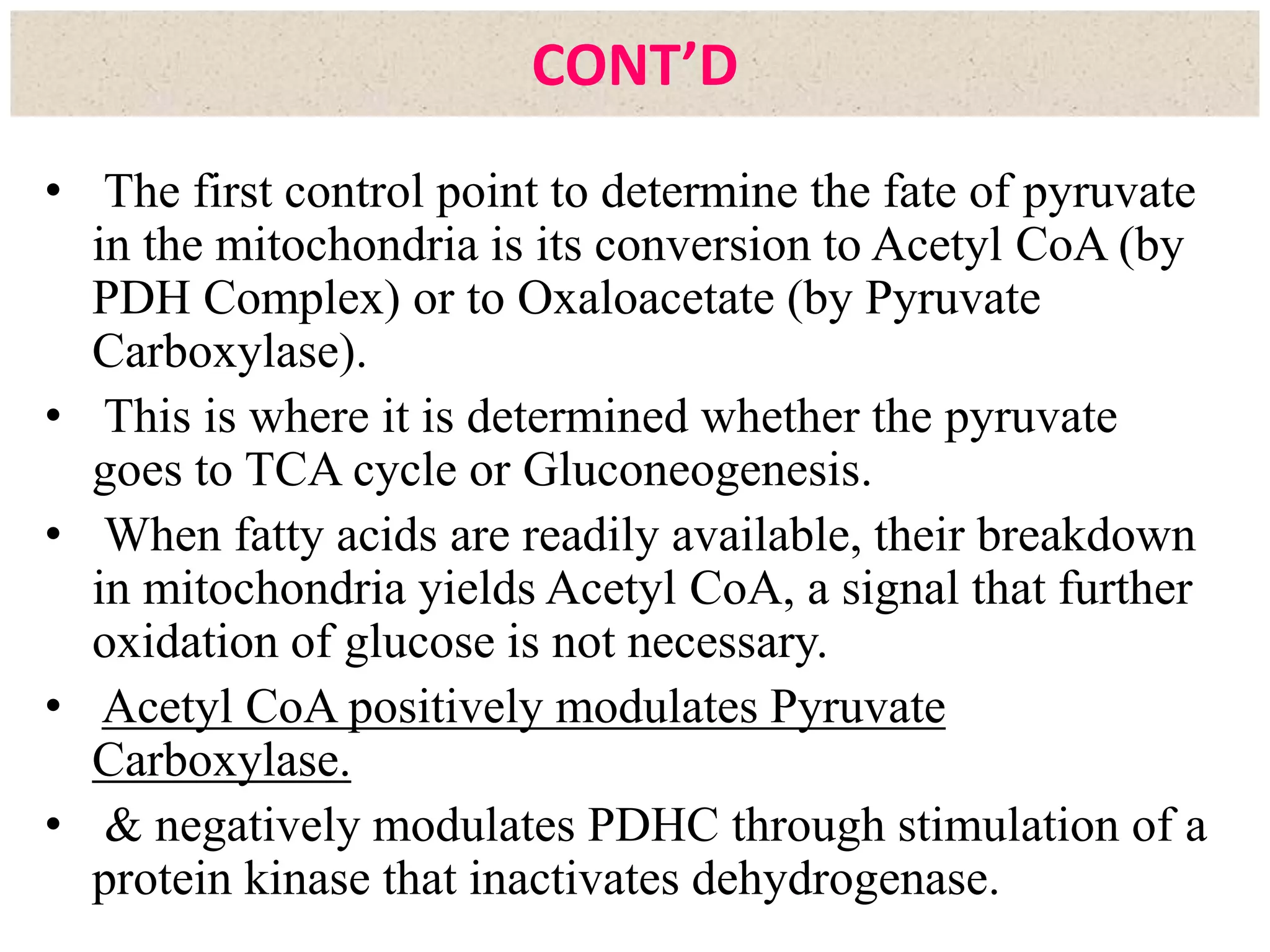 • The first control point to determine the fate of pyruvate
in the mitochondria is its conversion to Acetyl CoA (by
PDH Complex) or to Oxaloacetate (by Pyruvate
Carboxylase).
• This is where it is determined whether the pyruvate
goes to TCA cycle or Gluconeogenesis.
• When fatty acids are readily available, their breakdown
in mitochondria yields Acetyl CoA, a signal that further
oxidation of glucose is not necessary.
• Acetyl CoA positively modulates Pyruvate
Carboxylase.
• & negatively modulates PDHC through stimulation of a
protein kinase that inactivates dehydrogenase.
CONT’D
 