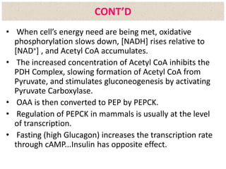 • When cell’s energy need are being met, oxidative
phosphorylation slows down, [NADH] rises relative to
[NAD+] , and Acetyl CoA accumulates.
• The increased concentration of Acetyl CoA inhibits the
PDH Complex, slowing formation of Acetyl CoA from
Pyruvate, and stimulates gluconeogenesis by activating
Pyruvate Carboxylase.
• OAA is then converted to PEP by PEPCK.
• Regulation of PEPCK in mammals is usually at the level
of transcription.
• Fasting (high Glucagon) increases the transcription rate
through cAMP...Insulin has opposite effect.
CONT’D
 