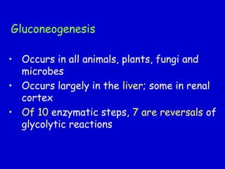 Gluconeogenesis
• Occurs in all animals, plants, fungi and
microbes
• Occurs largely in the liver; some in renal
cortex
• Of 10 enzymatic steps, 7 are reversals of
glycolytic reactions
 