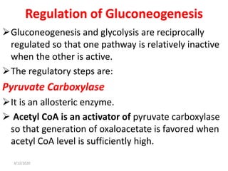 Regulation of Gluconeogenesis
Gluconeogenesis and glycolysis are reciprocally
regulated so that one pathway is relatively inactive
when the other is active.
The regulatory steps are:
Pyruvate Carboxylase
It is an allosteric enzyme.
 Acetyl CoA is an activator of pyruvate carboxylase
so that generation of oxaloacetate is favored when
acetyl CoA level is sufficiently high.
3/12/2020
 