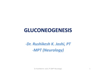 GLUCONEOGENESIS
-Dr. Rushikesh K. Joshi, PT
-MPT (Neurology)
1Dr. Rushikesh K. Joshi, PT (MPT Neurology)
 
