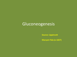 Gluconeogenesis
Source: Lippincott
Maryam Fida (o-1827)
 