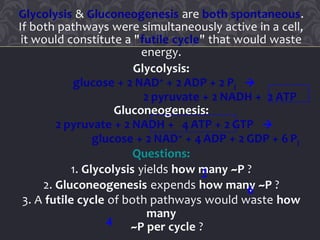 Glycolysis & Gluconeogenesis are both spontaneous.
If both pathways were simultaneously active in a cell,
it would constitute a "futile cycle" that would waste
energy.
Glycolysis:
glucose + 2 NAD+ + 2 ADP + 2 Pi 
2 pyruvate + 2 NADH + 2 ATP
Gluconeogenesis:
2 pyruvate + 2 NADH + 4 ATP + 2 GTP 
glucose + 2 NAD+ + 4 ADP + 2 GDP + 6 Pi
Questions:
1. Glycolysis yields how many ~P ?
2. Gluconeogenesis expends how many ~P ?
3. A futile cycle of both pathways would waste how
many
~P per cycle ?
2
6
4
 