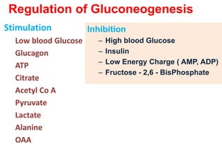 Regulation of Gluconeogenesis
Stimulation
Low blood Glucose
Glucagon
ATP
Citrate
Acetyl Co A
Pyruvate
Lactate
Alanine
OAA
Inhibition
– High blood Glucose
– Insulin
– Low Energy Charge ( AMP, ADP)
– Fructose - 2,6 - BisPhosphate
 