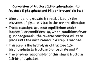 Conversion of Fructose 1,6-bisphosphate into
Fructose 6-phosphate and Pi Is an Irreversible Step
• phosphoenolpyruvate is metabolized by the
enzymes of glycolysis but in the reverse direction
• These reactions are near equilibrium under
intracellular conditions; so, when conditions favor
gluconeogenesis, the reverse reactions will take
place until the next irreversible step is reached
• This step is the hydrolysis of fructose 1,6-
bisphosphate to fructose 6-phosphate and Pi
• The enzyme responsible for this step is fructose
1,6-bisphosphatase
 