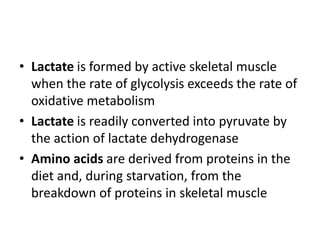 • Lactate is formed by active skeletal muscle
when the rate of glycolysis exceeds the rate of
oxidative metabolism
• Lactate is readily converted into pyruvate by
the action of lactate dehydrogenase
• Amino acids are derived from proteins in the
diet and, during starvation, from the
breakdown of proteins in skeletal muscle
 