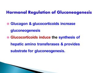  Glucagon & glucocorticoids increase
gluconeogenesis
 Glucocorticoids induce the synthesis of
hepatic amino transferases & provides
substrate for gluconeogenesis.
 