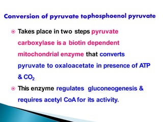  Takes place in two steps pyruvate
carboxylase is a biotin dependent
mitochondrial enzyme that converts
pyruvate to oxaloacetate in presence of ATP
& CO2
 This enzyme regulates gluconeogenesis &
requires acetyl CoAfor its activity.
 