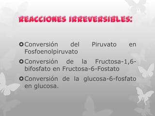 Conversión
del
Fosfoenolpiruvato

Piruvato

en

Conversión de la Fructosa-1,6bifosfato en Fructosa-6-Fostato
Conversión de la glucosa-6-fosfato
en glucosa.

 