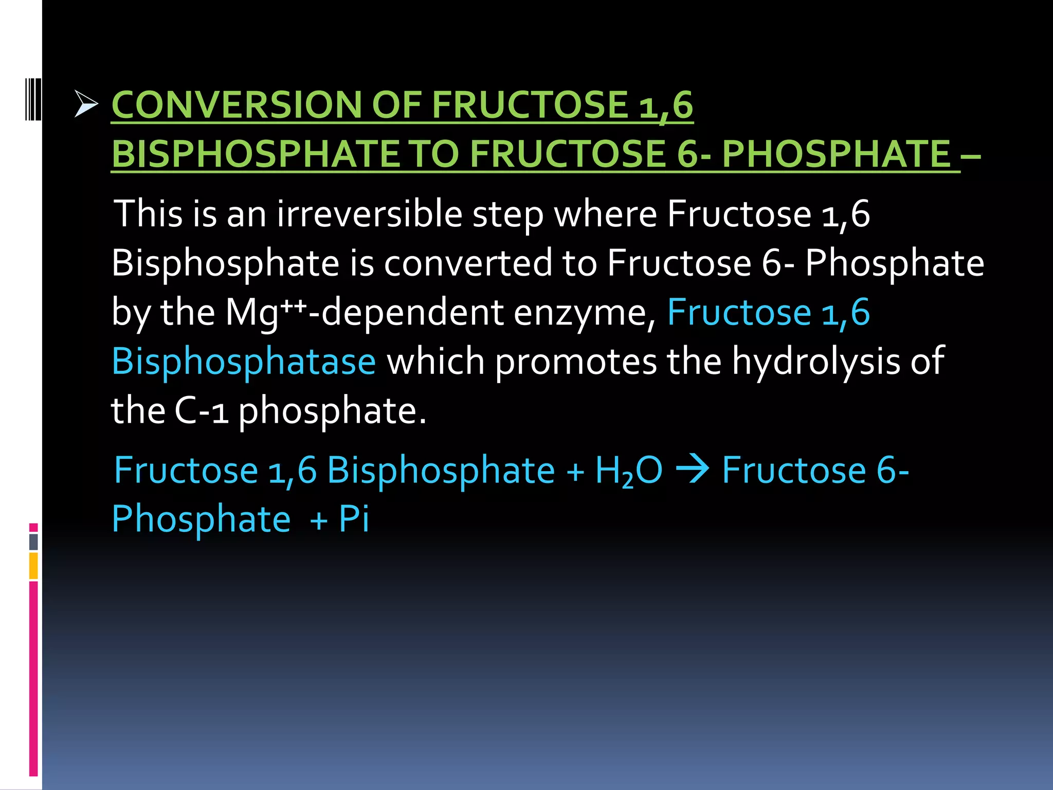  CONVERSION OF FRUCTOSE 1,6
BISPHOSPHATETO FRUCTOSE 6- PHOSPHATE –
This is an irreversible step where Fructose 1,6
Bisphosphate is converted to Fructose 6- Phosphate
by the Mg⁺⁺-dependent enzyme, Fructose 1,6
Bisphosphatase which promotes the hydrolysis of
the C-1 phosphate.
Fructose 1,6 Bisphosphate + H₂O  Fructose 6-
Phosphate + Pi
 