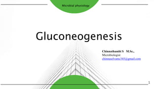 Microbial physiology
Gluconeogenesis
1
Chinnathambi S M.Sc.,
Microbiologist
chinnaselvamc345@gmail.com
 