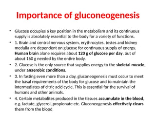 Importance of gluconeogenesis
• Glucose occupies a key position in the metabolism and its continuous
supply is absolutely essential to the body for a variety of functions.
• 1. Brain and central nervous system, erythrocytes, testes and kidney
medulla are dependent on glucose for continuous supply of energy.
Human brain alone requires about 120 g of glucose per day, out of
about 160 g needed by the entire body.
• 2. Glucose is the only source that supplies energy to the skeletal muscle,
under anaerobic conditions.
• 3. In fasting even more than a day, gluconeogenesis must occur to meet
the basal requirements of the body for glucose and to maintain the
intermediates of citric acid cycle. This is essential for the survival of
humans and other animals.
• 4. Certain metabolites produced in the tissues accumulate in the blood,
e.g. lactate, glycerol, propionate etc. Gluconeogenesis effectively clears
them from the blood
 