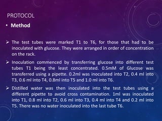 PROTOCOL
• Method
 The test tubes were marked T1 to T6, for those that had to be
inoculated with glucose. They were arranged in order of concentration
on the rack.
 Inoculation commenced by transferring glucose into different test
tubes T1 being the least concentrated. 0.5mM of Glucose was
transferred using a pipette. 0.2ml was inoculated into T2, 0.4 ml into
T3, 0.6 ml into T4, 0.8ml into T5 and 1.0 ml into T6.
 Distilled water was then inoculated into the test tubes using a
different pipette to avoid cross contamination. 1ml was inoculated
into T1, 0.8 ml into T2, 0.6 ml into T3, 0.4 ml into T4 and 0.2 ml into
T5. There was no water inoculated into the last tube T6.
 