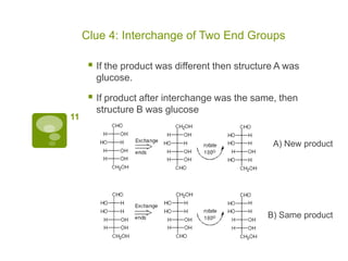 Clue 4: Interchange of Two End Groups

       If the product was different then structure A was
        glucose.

       If product after interchange was the same, then
        structure B was glucose
11


                                                  A) New product




                                                 B) Same product
 