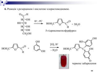 11
6. Реакція з резорцином і кислотою хлористоводневою.
C
CH
HO
OH
CHOH
CH OH
CH OH
CH2
OH
O CHOH2
C
H
O
O CHOH2
C
H
O
OH
OH
O CHOH2C
O
OH
OH
OH
+ 3H2O
H+, t0C
+
[O], H+
– H2O
червоне забарвлення
5-гідроксиметилфурфурол
 