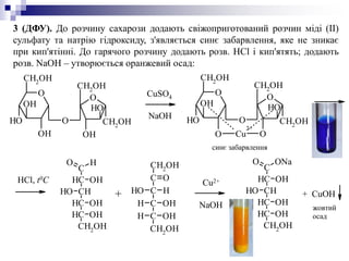 O
CH2
OH
OH
OH
OH
O
OH
CH2OH
CH2OH
OH
O
O
CH2OH
O
OH
OH
O
O
CH2
OH
CH2OH
OH
O
Cu
2+
C
CH
HO
OH
CHOH
CH OH
CH OH
CH2
OH
CH2
OH
C
C
C
C
CH2OH
OH H
H OH
H OH
O
C
CH
ONaO
OH
CHOH
CH OH
CH OH
CH2OH
синє забарвлення
жовтий
осад
CuSO4
NaOH
HCl, t0C Cu2+
NaOH
+ CuOH+
3 (ДФУ). До розчину сахарози додають свіжоприготований розчин міді (ІІ)
сульфату та натрію гідроксиду, з'являється синє забарвлення, яке не зникає
при кип'ятінні. До гарячого розчину додають розв. НСl і кип'ятять; додають
розв. NaOH – утворюється оранжевий осад:
 
