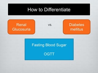 How to Differentiate
Renal
Glucosuria

VS.

Fasting Blood Sugar
OGTT

Diabetes
mellitus

 