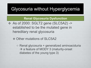 Glycosuria without Hyperglycemia
Renal Glycosuria Dysfunction

 As of 2000: SGLT2 gene (SLC5A2) ->

established to be the mutated gene in
hereditary renal glycosuria
 Other mutations of SLC5A2
 Renal glycosuria + generalized aminoaciduria

 a feature of MODY 3 (maturity-onset
diabetes of the young type 3)

 
