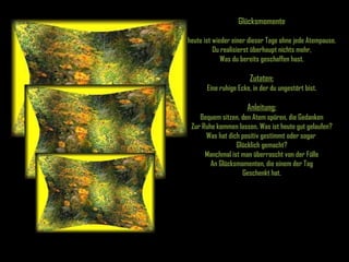 Glücksmomente heute ist wieder einer dieser Tage ohne jede Atempause. Du realisierst überhaupt nichts mehr, Was du bereits geschaffen hast. Zutaten: Eine ruhige Ecke, in der du ungestört bist. Anleitung: Bequem sitzen, den Atem spüren, die Gedanken Zur Ruhe kommen lassen. Was ist heute gut gelaufen? Was hat dich positiv gestimmt oder sogar  Glücklich gemacht? Manchmal ist man überrascht von der Fülle An Glücksmomenten, die einem der Tag Geschenkt hat. 