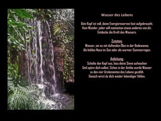 Wasser des Lebens Dein Kopf ist voll, deine Energiereserven fast aufgebraucht. Kein Wunder, jeder will momentan etwas anderes von dir. Entdecke die Kraft des Wassers. Zutaten: Wasser, sei es mit duftenden Ölen in der Badewanne, Als kühles Nass im See oder als warmer Sommerregen. Anleitung: Schalte den Kopf aus, lass deine Sinne aufwachen Und spüre dich selbst. Schon in der Antike wurde Wasser zu den vier Urelementen des Lebens gezählt. Danach wirst du dich wieder lebendiger fühlen. 