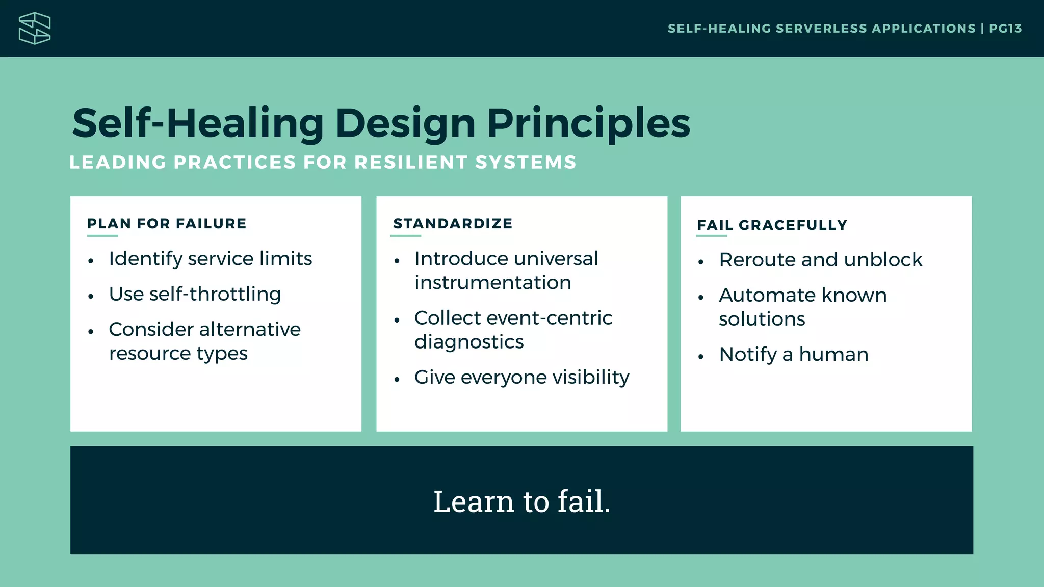 Self-Healing Design Principles
LEADING PRACTICES FOR RESILIENT SYSTEMS
STANDARDIZE FAIL GRACEFULLY
• Reroute and unblock
• Automate known
solutions
• Notify a human
SELF-HEALING SERVERLESS APPLICATIONS | PG13
Learn to fail.
• Introduce universal
instrumentation
• Collect event-centric
diagnostics
• Give everyone visibility
PLAN FOR FAILURE
• Identify service limits
• Use self-throttling
• Consider alternative
resource types
 