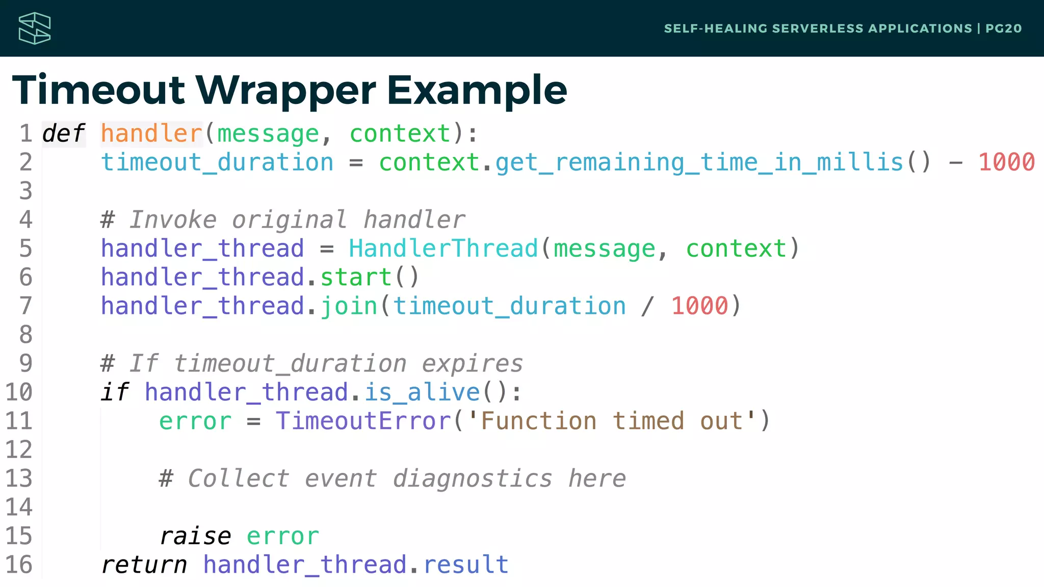 Timeout Wrapper Example
SELF-HEALING SERVERLESS APPLICATIONS | PG20
 