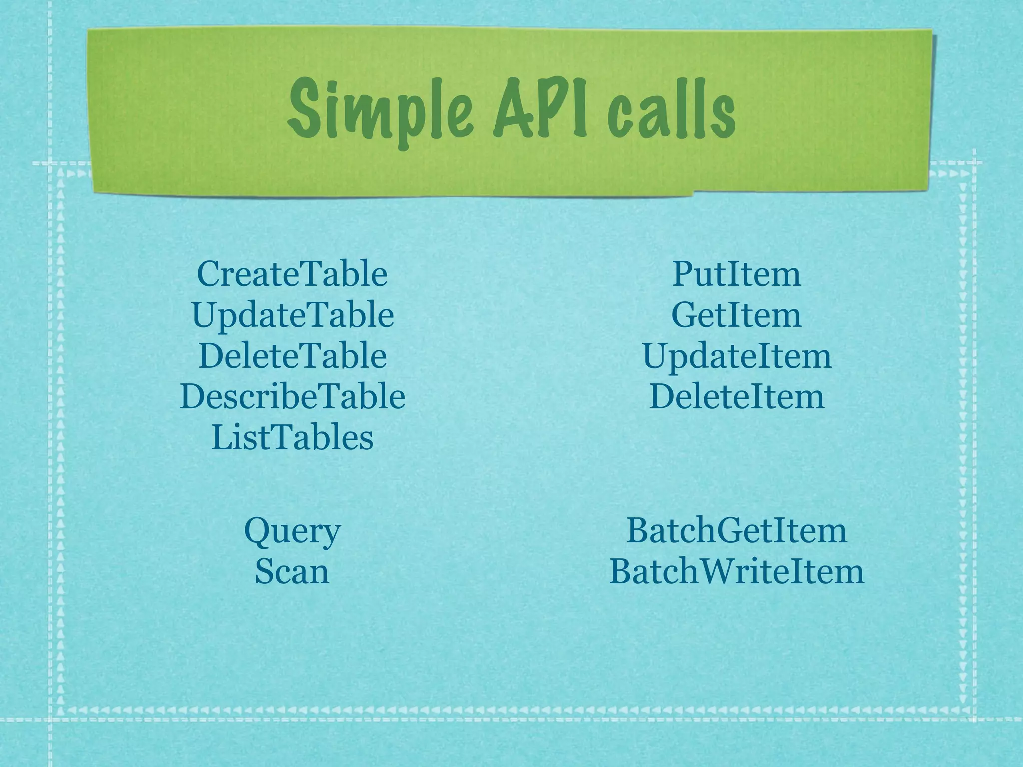 Simple API calls

 CreateTable       PutItem
UpdateTable        GetItem
 DeleteTable      UpdateItem
DescribeTable     DeleteItem
  ListTables

   Query          BatchGetItem
   Scan          BatchWriteItem
 