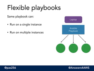 @pas256 @Answers4AWS
Same playbook can:
• Run on a single instance
• Run on multiple instances
Flexible playbooks
Ansible
Playbook
Laptop
 