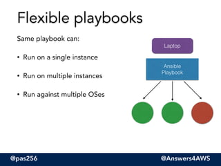 @pas256 @Answers4AWS
Same playbook can:
• Run on a single instance
• Run on multiple instances
• Run against multiple OSes
Flexible playbooks
Ansible
Playbook
Laptop
 