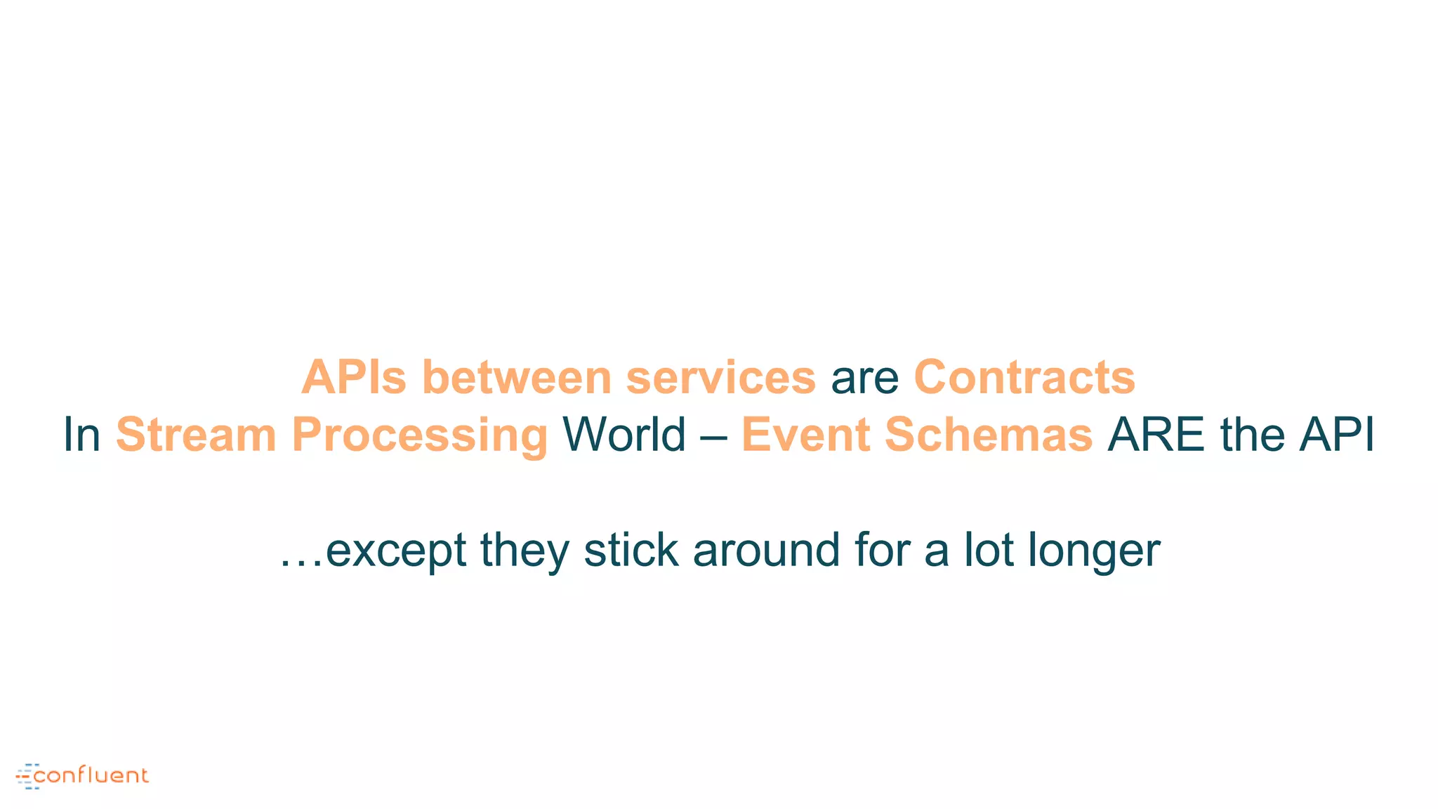 APIs between services are Contracts
In Stream Processing World – Event Schemas ARE the API
…except they stick around for a lot longer
 