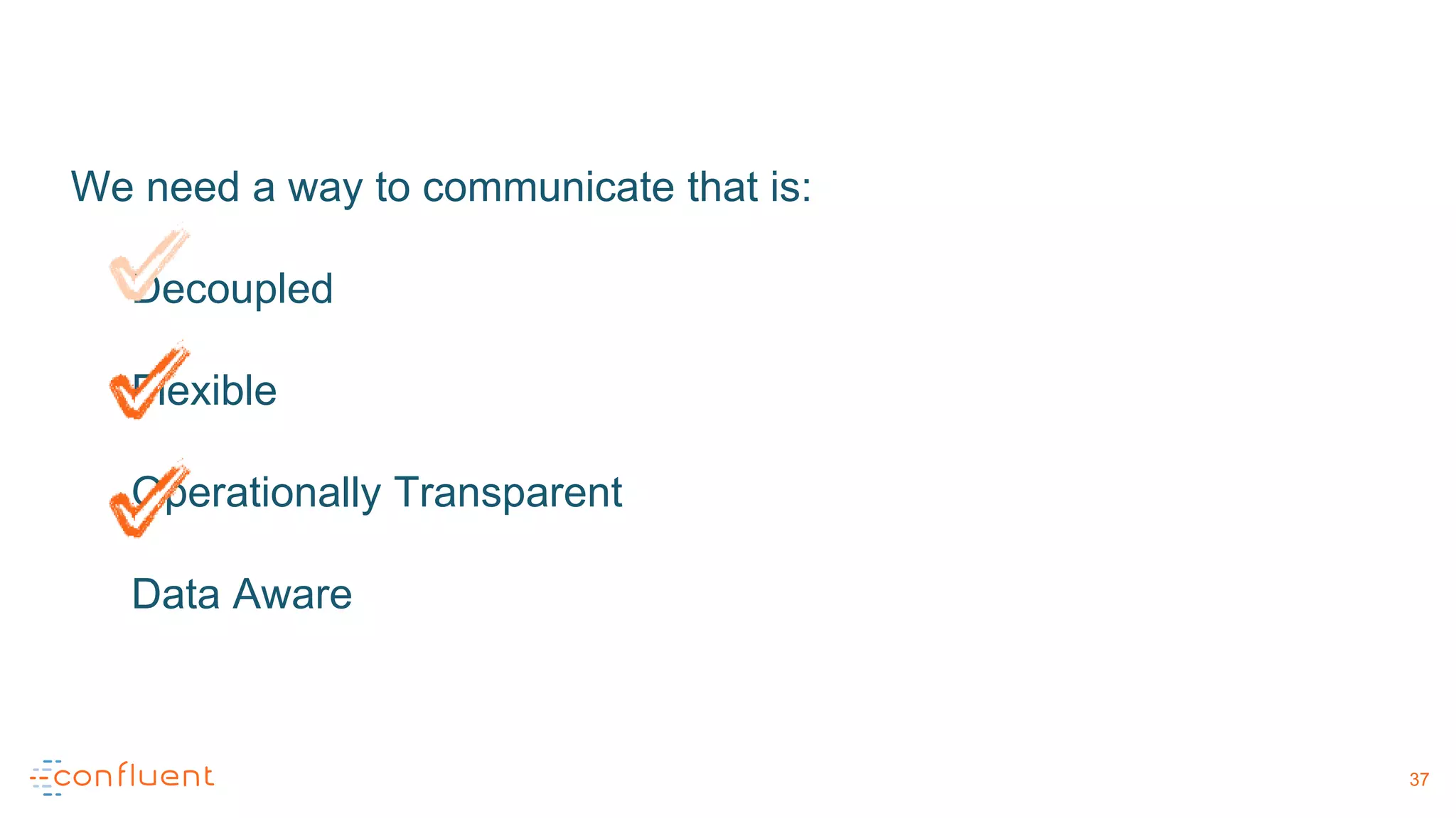 We need a way to communicate that is:
Decoupled
Flexible
Operationally Transparent
Data Aware
37
 