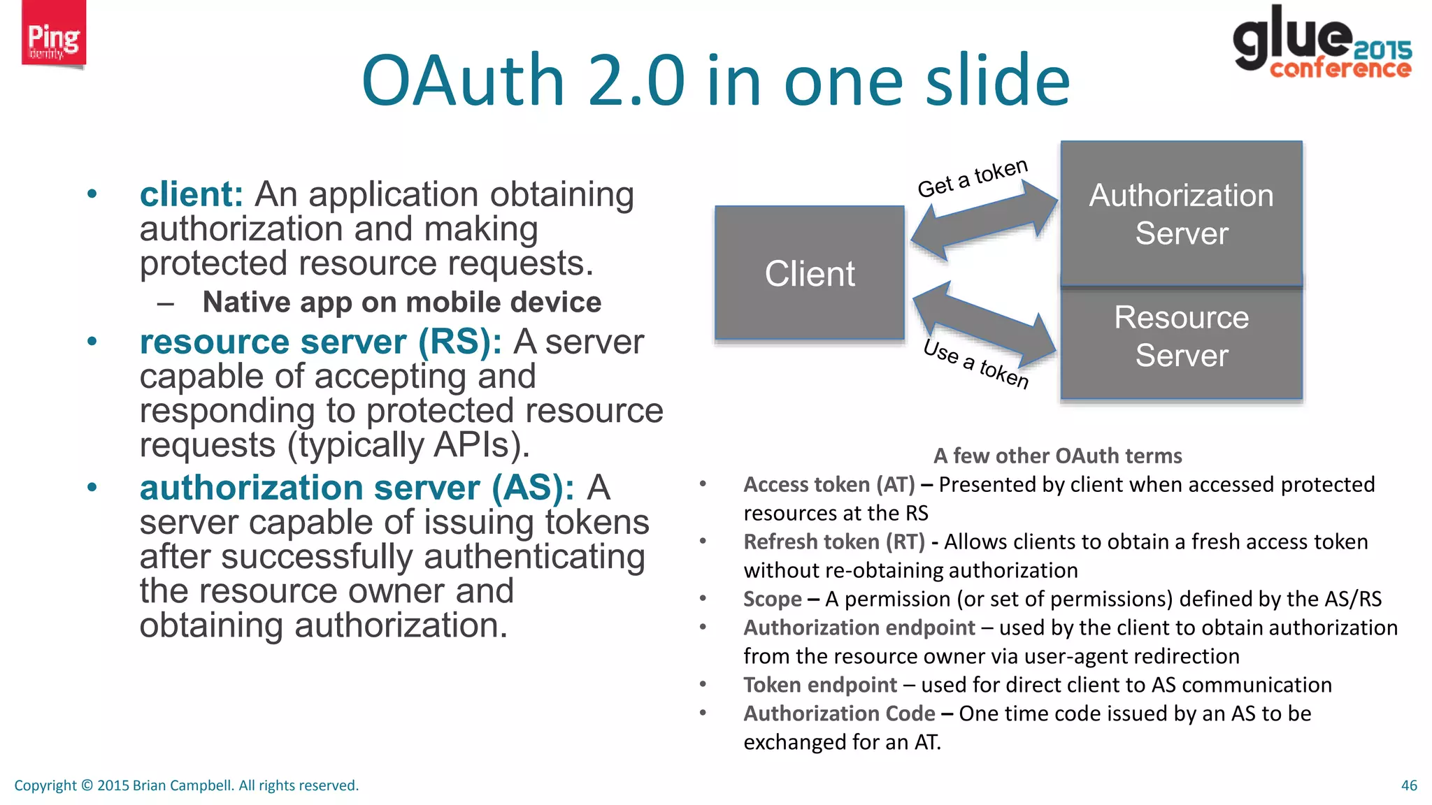 Copyright © 2015 Brian Campbell. All rights reserved. 46
OAuth 2.0 in one slide
• client: An application obtaining
authorization and making
protected resource requests.
– Native app on mobile device
• resource server (RS): A server
capable of accepting and
responding to protected resource
requests (typically APIs).
• authorization server (AS): A
server capable of issuing tokens
after successfully authenticating
the resource owner and
obtaining authorization.
A few other OAuth terms
• Access token (AT) – Presented by client when accessed protected
resources at the RS
• Refresh token (RT) - Allows clients to obtain a fresh access token
without re-obtaining authorization
• Scope – A permission (or set of permissions) defined by the AS/RS
• Authorization endpoint – used by the client to obtain authorization
from the resource owner via user-agent redirection
• Token endpoint – used for direct client to AS communication
• Authorization Code – One time code issued by an AS to be
exchanged for an AT.
Client
Resource
Server
Authorization
Server
 