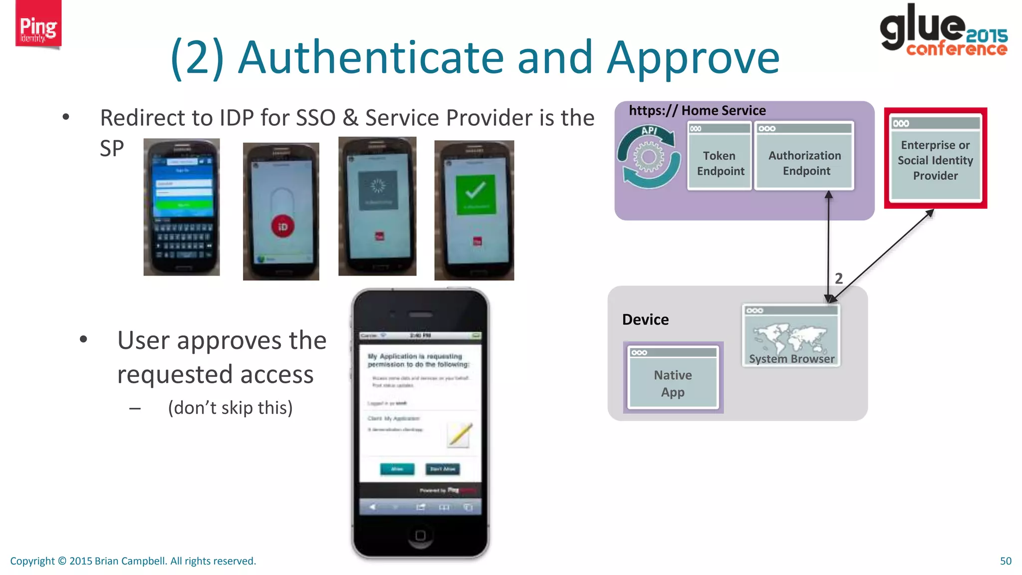 Copyright © 2015 Brian Campbell. All rights reserved. 50
(2) Authenticate and Approve
• Redirect to IDP for SSO & Service Provider is the
SP
Device
Native
App
System Browser
https:// Home Service
2
Authorization
Endpoint
Token
Endpoint
Enterprise or
Social Identity
Provider
• User approves the
requested access
– (don’t skip this)
 