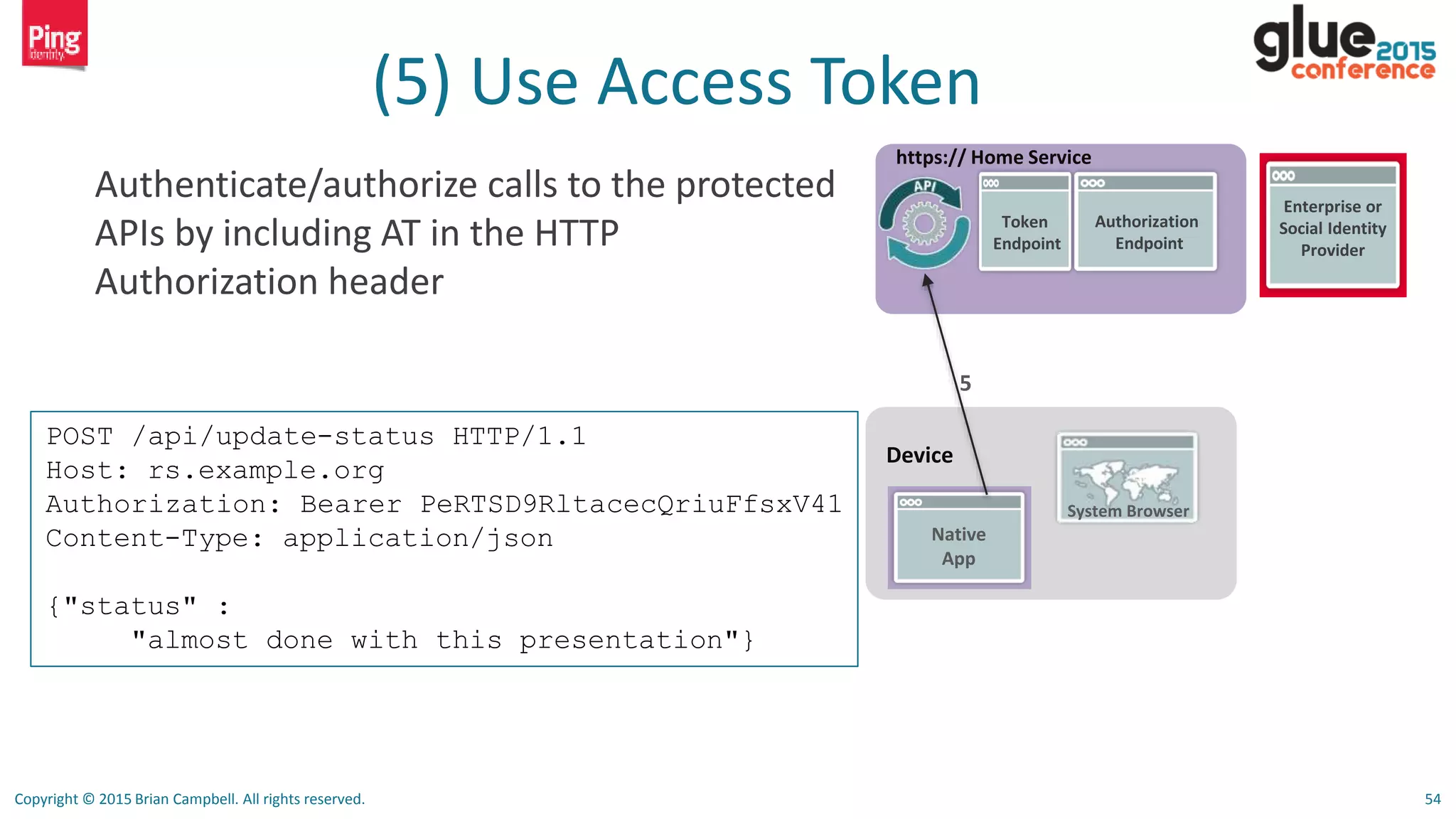 Copyright © 2015 Brian Campbell. All rights reserved. 54
(5) Use Access Token
Authenticate/authorize calls to the protected
APIs by including AT in the HTTP
Authorization header
Device
Native
App
System Browser
https:// Home Service
Authorization
Endpoint
Token
Endpoint
5
Enterprise or
Social Identity
Provider
POST /api/update-status HTTP/1.1
Host: rs.example.org
Authorization: Bearer PeRTSD9RltacecQriuFfsxV41
Content-Type: application/json
{"status" :
"almost done with this presentation"}
 