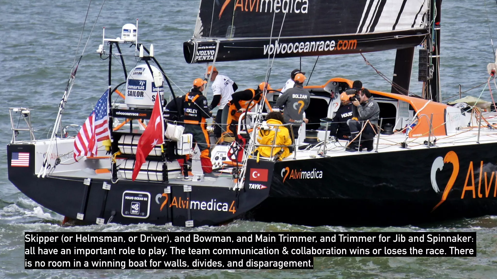 @clairegiordano
Skipper (or Helmsman, or Driver), and Bowman, and Main Trimmer, and Trimmer for Jib and Spinnaker:
all have an important role to play. The team communication & collaboration wins or loses the race. There
is no room in a winning boat for walls, divides, and disparagement.
 