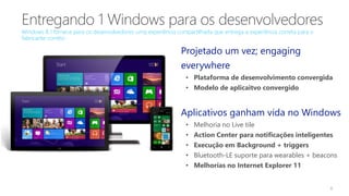 8
Windows 8.1 fornece para os desenvolvedores umq experiência compartilhada que entrega a experiência correta para o
fabricante correto
Projetado um vez; engaging
everywhere
• Plataforma de desenvolvimento convergida
• Modelo de aplicaitvo convergido
Aplicativos ganham vida no Windows
• Melhoria no Live tile
• Action Center para notificações inteligentes
• Execução em Background + triggers
• Bluetooth-LE suporte para wearables + beacons
• Melhorias no Internet Explorer 11
 