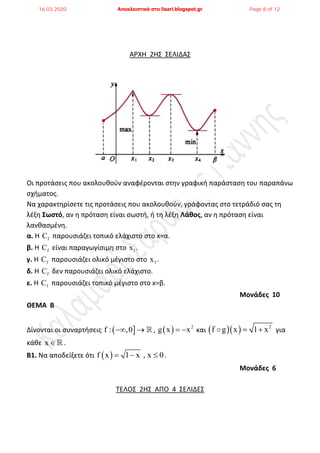 ΑΡΧΗ 2Η΢ ΢ΕΛΙΔΑ΢
Οι προτάςεισ που ακολουκοφν αναφζρονται ςτθν γραφικι παράςταςθ του παραπάνω
ςχιματοσ.
Να χαρακτθρίςετε τισ προτάςεισ που ακολουκοφν, γράφοντασ ςτο τετράδιό ςασ τθ
λζξθ ΢ωστό, αν θ πρόταςθ είναι ςωςτι, ι τθ λζξθ Λάθος, αν θ πρόταςθ είναι
λανκαςμζνθ.
α. Η fC παρουςιάηει τοπικό ελάχιςτο ςτο x=α.
β. Η fC είναι παραγωγίςιμθ ςτο 1x .
γ. H fC παρουςιάηει ολικό μζγιςτο ςτο 3x .
δ. Η fC δεν παρουςιάηει ολικό ελάχιςτο.
ε. Η fC παρουςιάηει τοπικό μζγιςτο ςτο x=β.
Μονάδες 10
ΘΕΜΑ Β
Δίνονται οι ςυναρτιςεισ  f : ,0   ,   2
g x x  και    2
f g x 1 x  για
κάκε x.
Β1. Να αποδείξετε ότι  f x 1 x , x 0   .
Μονάδες 6
ΣΕΛΟ΢ 2Η΢ ΑΠΟ 4 ΢ΕΛΙΔΕ΢
16.03.2020 Αποκλειστικά στο lisari.blogspot.gr Page 8 of 12
 