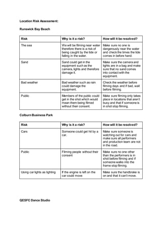 Location Risk Assessment:
Runswick Bay Beach
Risk Why is it a risk? How will it be resolved?
The sea We will be filming near water
therefore there is a risk of
being caught by the tide or
falling in the water.
Make sure no one is
dangerously near the water
and check the times the tide
comes in before hand.
Sand Sand could get in the
equipment such as the
camera, lights and therefore
damage it.
Make sure the camera and
lights are in a bag and make
sure that no sand comes
into contact with the
equipment.
Bad weather Bad weather such as rain
could damage the
equipment.
Check the weather before
filming days and if bad, wait
before filming.
Public Members of the public could
get in the shot which would
mean them being filmed
without their consent.
Make sure filming only takes
place in locations that aren’t
busy and that if someone is
in shot stop filming.
Colburn Business Park
Risk Why is it a risk? How will it be resolved?
Cars Someone could get hit by a
car.
Make sure someone is
watching out for cars and
make sure all performers
and production team are not
in the road.
Public Filming people without their
consent
Make sure no one other
than the performers is in
shot before filming and if
someone walks into the
frame stop filming.
Using car lights as lighting If the engine is left on the
car could move
Make sure the handbrake is
on and that it can’t move.
QESFC Dance Studio
 