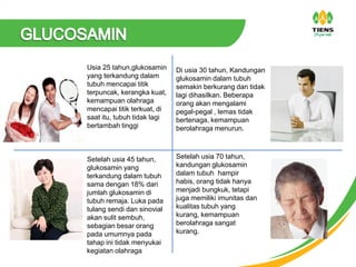 Usia 25 tahun,glukosamin
yang terkandung dalam
tubuh mencapai titik
terpuncak, kerangka kuat,
kemampuan olahraga
mencapai titik terkuat, di
saat itu, tubuh tidak lagi
bertambah tinggi
Di usia 30 tahun, Kandungan
glukosamin dalam tubuh
semakin berkurang dan tidak
lagi dihasilkan. Beberapa
orang akan mengalami
pegal-pegal , lemas tidak
bertenaga, kemampuan
berolahraga menurun.
Setelah usia 45 tahun,
glukosamin yang
terkandung dalam tubuh
sama dengan 18% dari
jumlah glukosamin di
tubuh remaja. Luka pada
tulang sendi dan sinovial
akan sulit sembuh,
sebagian besar orang
pada umumnya pada
tahap ini tidak menyukai
kegiatan olahraga
Setelah usia 70 tahun,
kandungan glukosamin
dalam tubuh hampir
habis, orang tidak hanya
menjadi bungkuk, tetapi
juga memiliki imunitas dan
kualitas tubuh yang
kurang, kemampuan
berolahraga sangat
kurang.
 