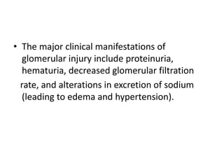 • The major clinical manifestations of
glomerular injury include proteinuria,
hematuria, decreased glomerular filtration
rate, and alterations in excretion of sodium
(leading to edema and hypertension).
 