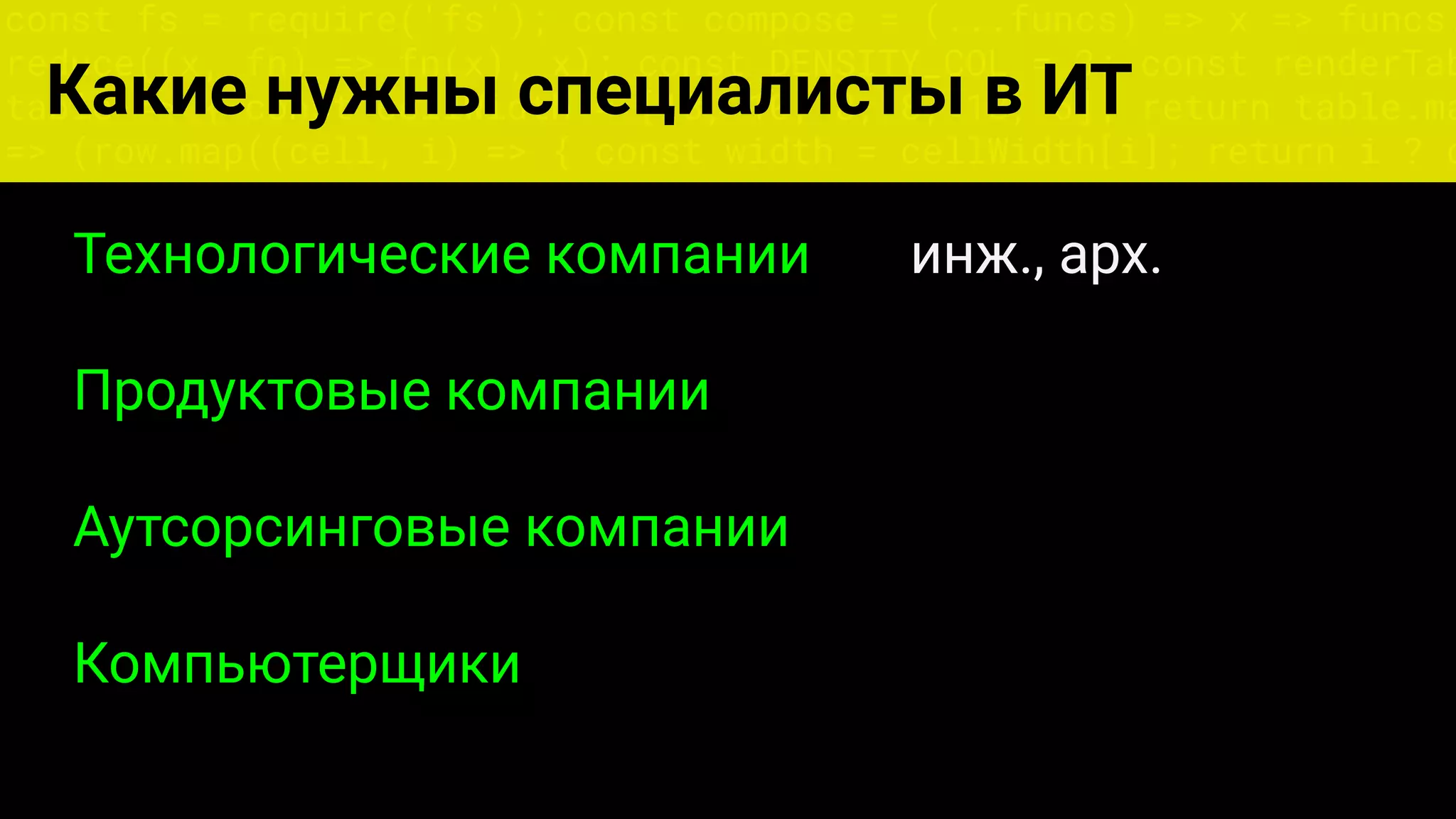 const fs = require('fs'); const compose = (...funcs) => x => funcs.
reduce((x, fn) => fn(x), x); const DENSITY_COL = 3; const renderTab
table => { const cellWidth = [18, 10, 8, 8, 18, 6]; return table.ma
=> (row.map((cell, i) => { const width = cellWidth[i]; return i ? c
Какие нужны специалисты в ИТ
Технологические компании инж., арх.
Продуктовые компании
Аутсорсинговые компании
Компьютерщики
 