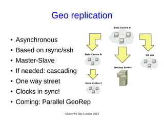 Geo replication
●

Asynchronous

●

Based on rsync/ssh

●

Master-Slave

●

If needed: cascading

●

One way street

●

Clocks in sync!

●

Coming: Parallel GeoRep
GlusterFS Day London 2013

 