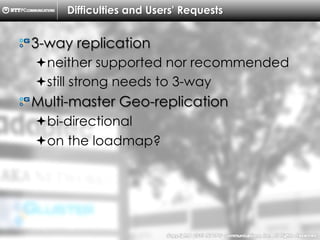 Copyright ?C ?2013, ?NTTPC ?Communications, ?Inc. ?All ?Rights ?Reserved. ?15
glusterfs
Difficulties and Users' Requests
! ?CTDB and NFS connectivity
??failover is pretty good
??failback causes write()ing clients pause
the IO
glusterfs
glusterfs
CTDB
VIP
write()
glusterfs
glusterfs
CTDB
VIP
write()
glusterfs
glusterfs
glusterfs
glusterfs
CTDB
VIP
write()
failover
failback
 