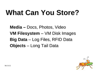 What Can You Store?
      Media – Docs, Photos, Video
      VM Filesystem – VM Disk Images
      Big Data – Log Files, RFID Data
      Objects – Long Tail Data



06/13/12
 