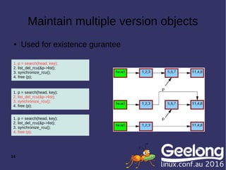 14
Maintain multiple version objects
● Used for existence gurantee
1. p = search(head, key);
2. list_del_rcu(&p->list);
3. synchronize_rcu();
4. free (p);
1. p = search(head, key);
2. list_del_rcu(&p->list);
3. synchronize_rcu();
4. free (p);
1. p = search(head, key);
2. list_del_rcu(&p->list);
3. synchronize_rcu();
4. free (p);
Maintain multiple version objects
● Used for existence gurantee
1. p = search(head, key);
2. list_del_rcu(&p->list);
3. synchronize_rcu();
4. free (p);
1. p = search(head, key);
2. list_del_rcu(&p->list);
3. synchronize_rcu();
4. free (p);
1. p = search(head, key);
2. list_del_rcu(&p->list);
3. synchronize_rcu();
4. free (p);
 