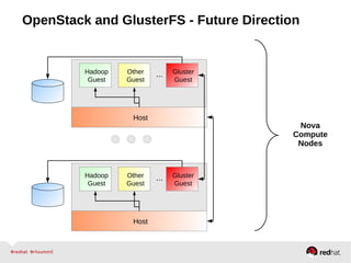 OpenStack and GlusterFS - Future Direction
Hadoop
Guest
Other
Guest
...
Host
Gluster
Guest
Hadoop
Guest
Other
Guest
...
Host
Gluster
Guest
Nova
Compute
Nodes
 