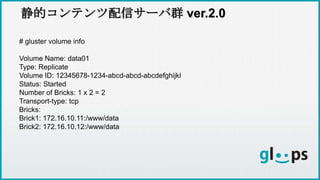 静的コンテンツ配信サーバ群 ver.2.0
# gluster volume info
Volume Name: data01
Type: Replicate
Volume ID: 12345678-1234-abcd-abcd-abcdefghijkl
Status: Started
Number of Bricks: 1 x 2 = 2
Transport-type: tcp
Bricks:
Brick1: 172.16.10.11:/www/data
Brick2: 172.16.10.12:/www/data
 